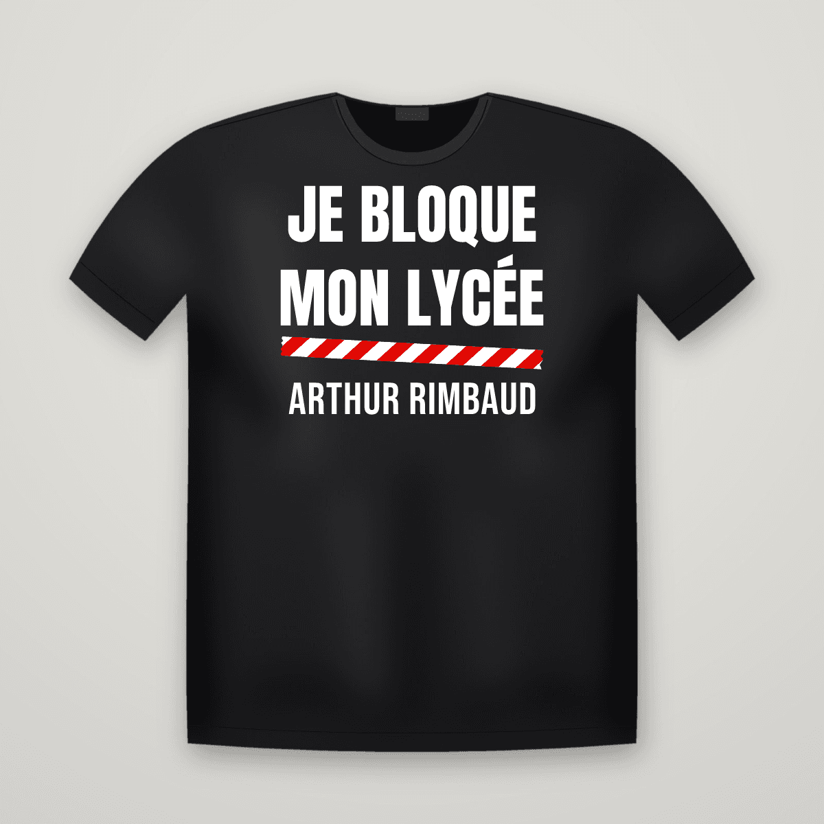T-shirt noir JE BLOQUE MON LYCÉE avec le scotch rouge et blanc et le nom ARTHUR RIMBAUD imprimé dessous