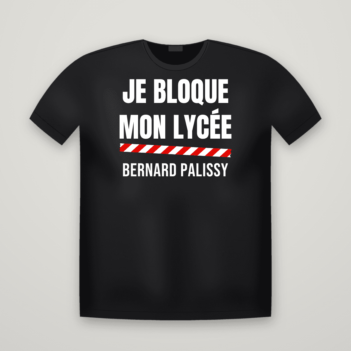T-shirt noir JE BLOQUE MON LYCÉE avec le scotch rouge et blanc et le nom BERNARD PALISSY imprimé dessous