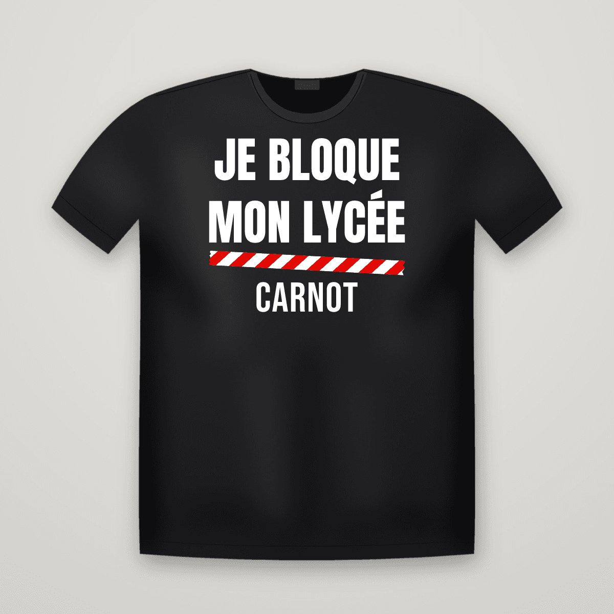 T-shirt noir JE BLOQUE MON LYCÉE avec le scotch rouge et blanc et le nom CARNOT imprimé dessous