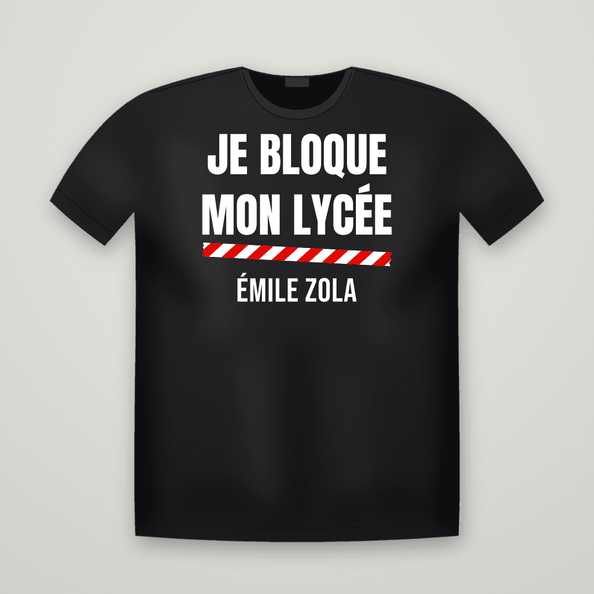T-shirt noir JE BLOQUE MON LYCÉE avec le scotch rouge et blanc et le nom ÉMILE ZOLA imprimé dessous
