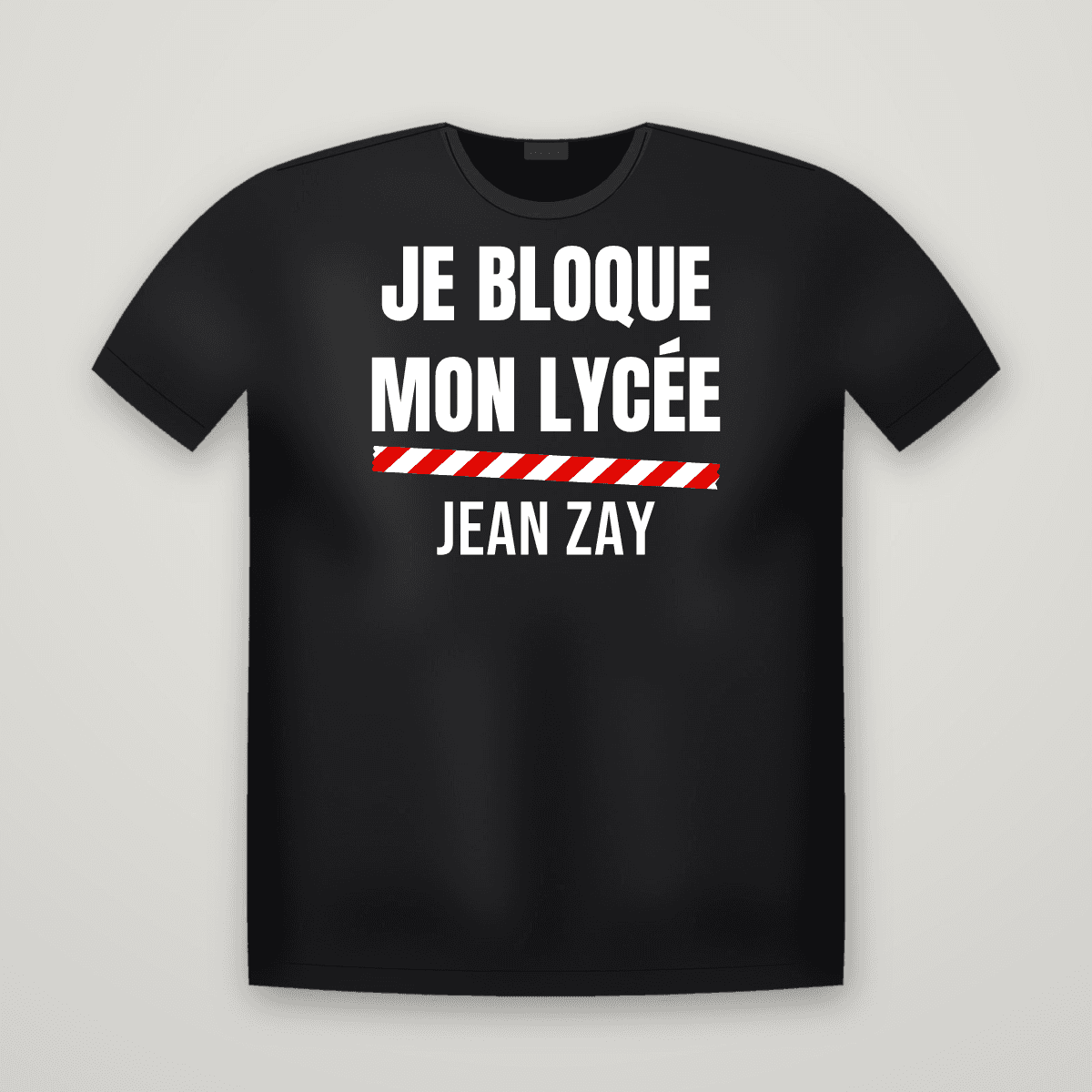 T-shirt noir JE BLOQUE MON LYCÉE avec le scotch rouge et blanc et le nom JEAN ZAY imprimé dessous