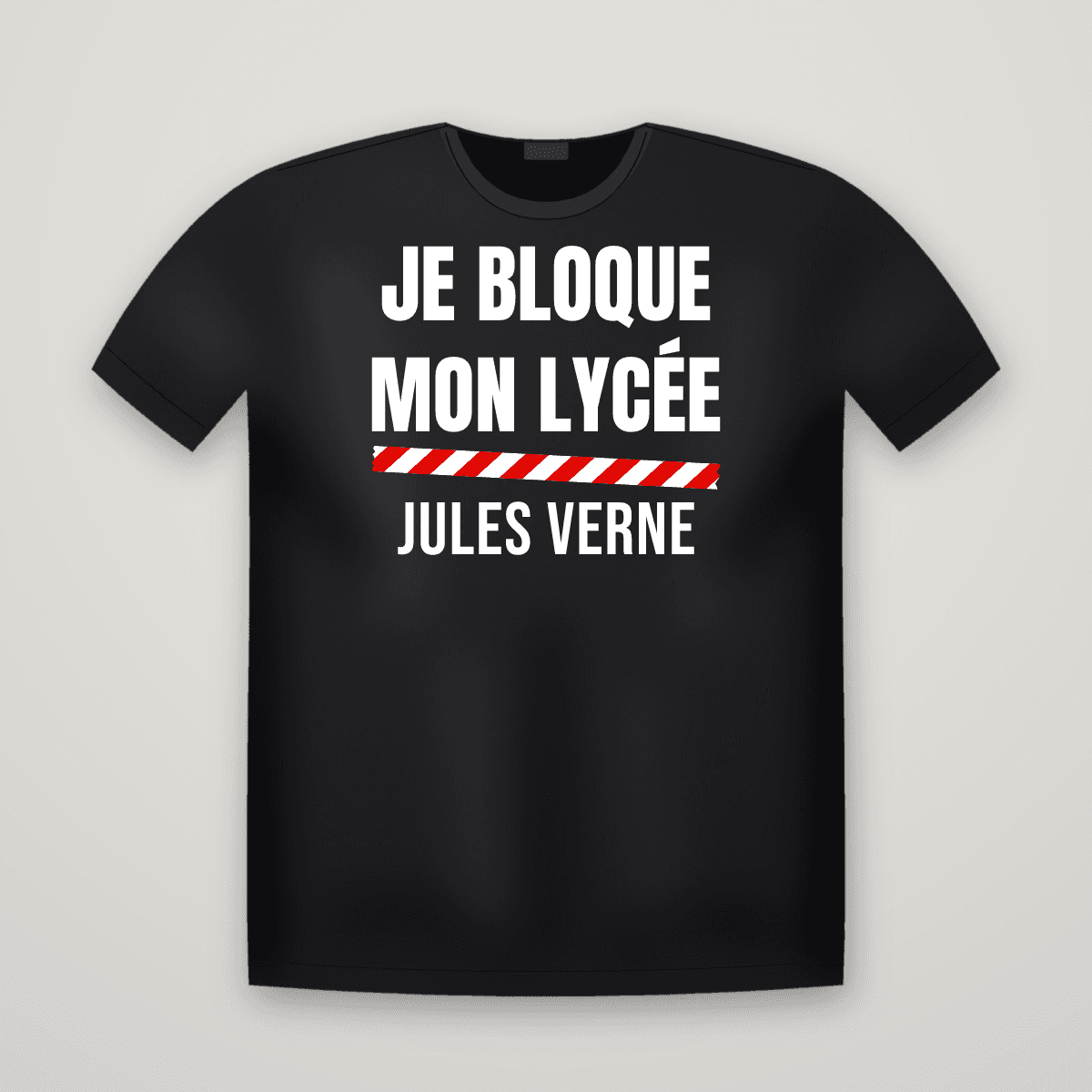 T-shirt noir JE BLOQUE MON LYCÉE avec le scotch rouge et blanc et le nom JULES VERNE imprimé dessous