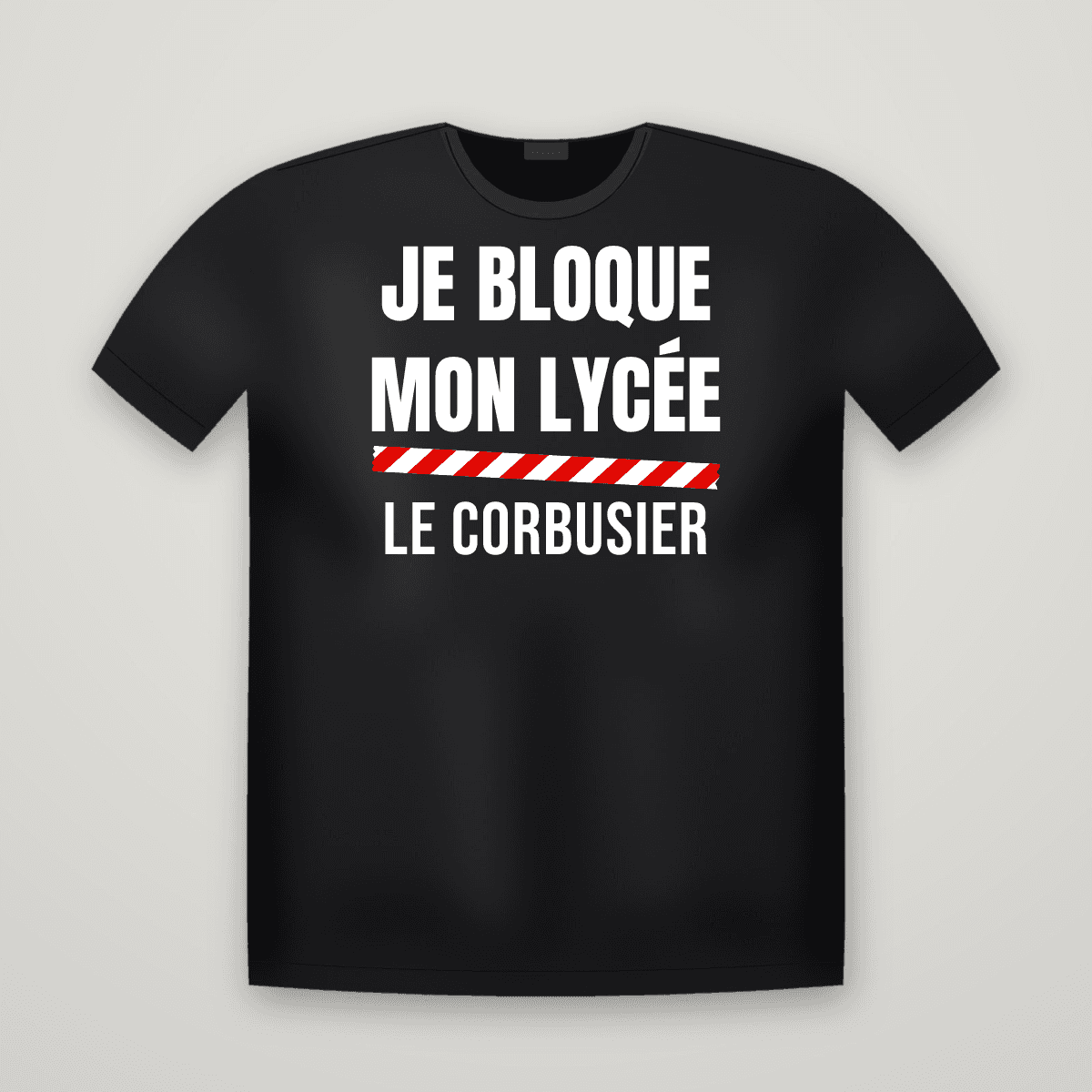 T-shirt noir JE BLOQUE MON LYCÉE avec le scotch rouge et blanc et le nom LE CORBUSIER imprimé dessous