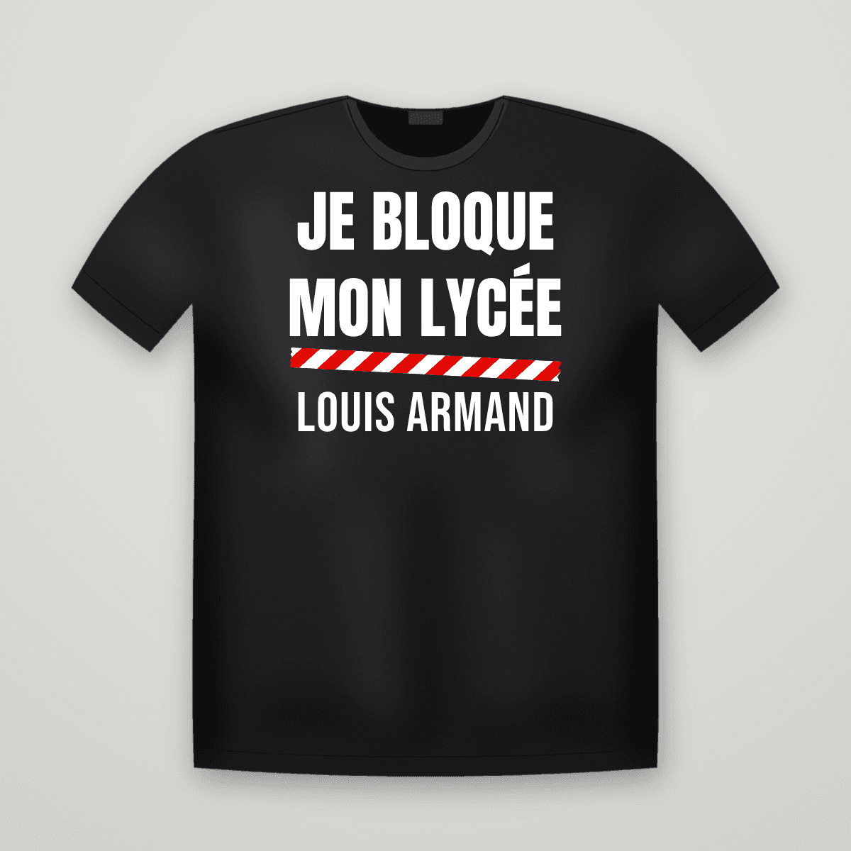 T-shirt noir JE BLOQUE MON LYCÉE avec le scotch rouge et blanc et le nom LOUIS ARMAND imprimé dessous