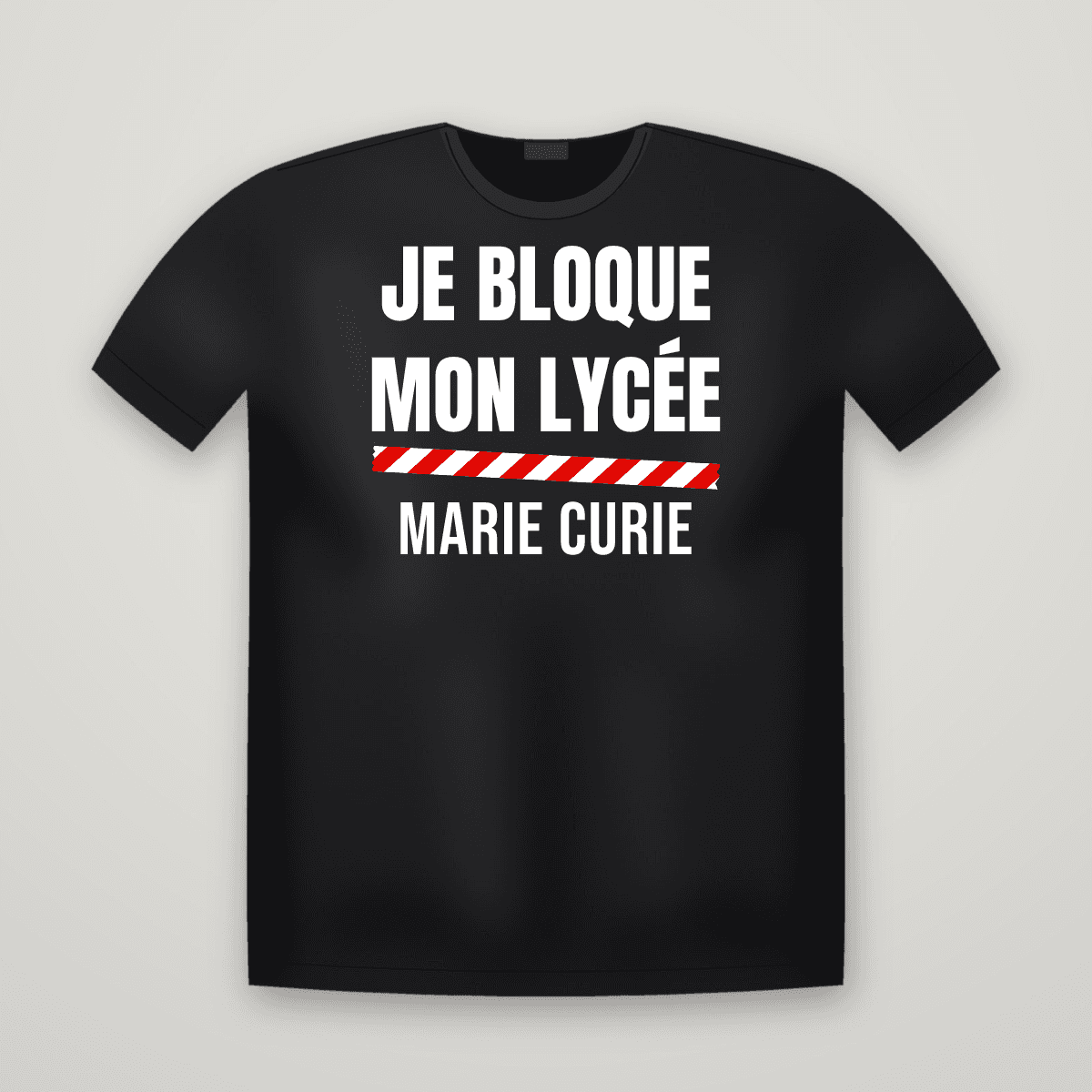 T-shirt noir JE BLOQUE MON LYCÉE avec le scotch rouge et blanc et le nom MARIE CURIE imprimé dessous