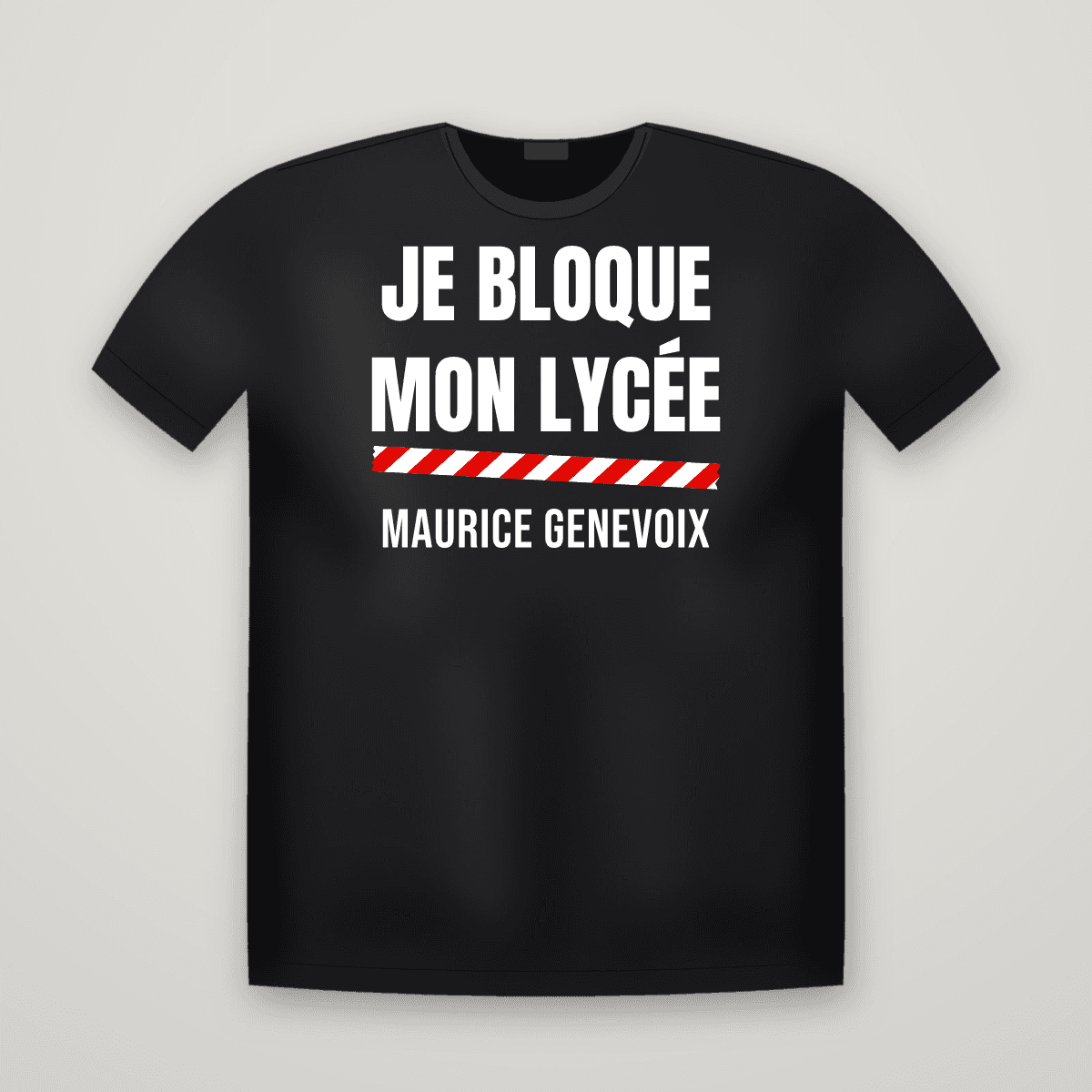 T-shirt noir JE BLOQUE MON LYCÉE avec le scotch rouge et blanc et le nom MAURICE GENEVOIX imprimé dessous