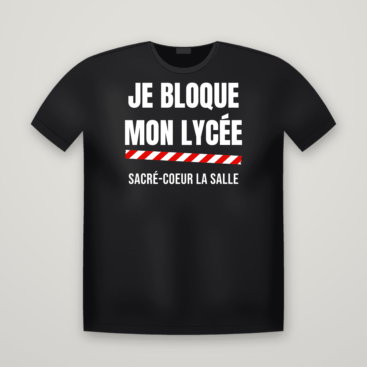 T-shirt noir JE BLOQUE MON LYCÉE avec le scotch rouge et blanc et le nom SACRÉ-COEUR LA SALLE imprimé dessous