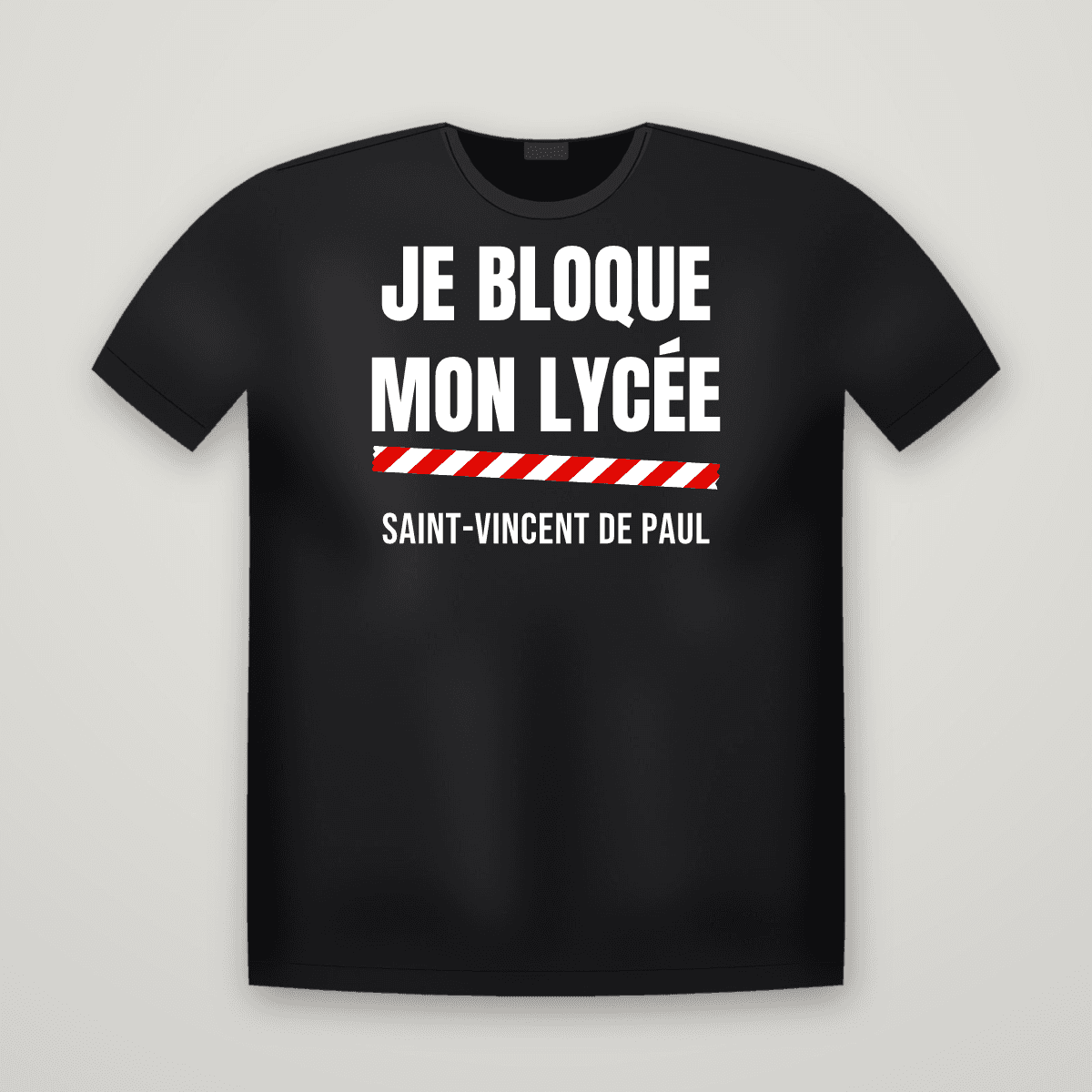 T-shirt noir JE BLOQUE MON LYCÉE avec le scotch rouge et blanc et le nom SAINT-VINCENT DE PAUL imprimé dessous