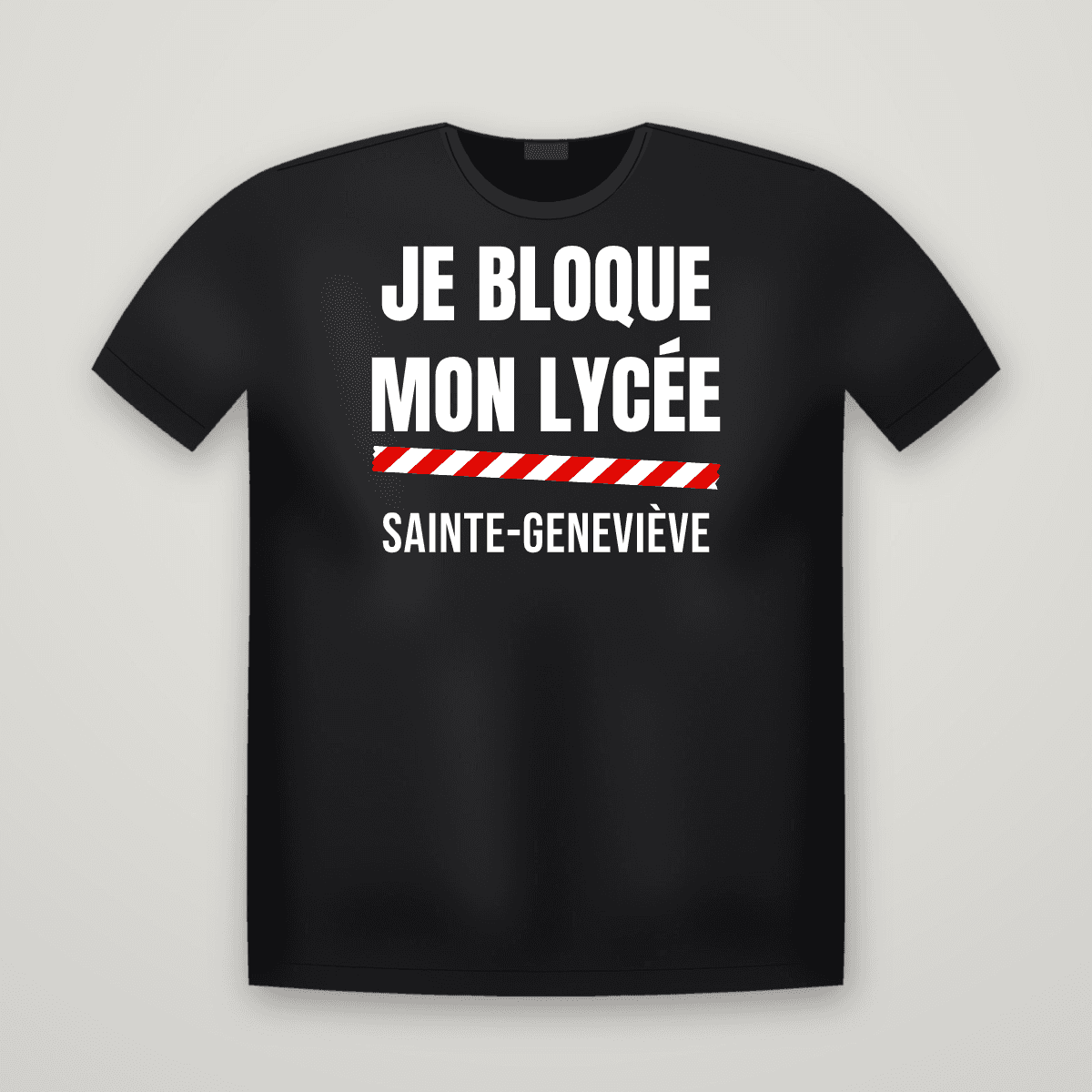 T-shirt noir JE BLOQUE MON LYCÉE avec le scotch rouge et blanc et le nom SAINTE-GENEVIÈVE imprimé dessous