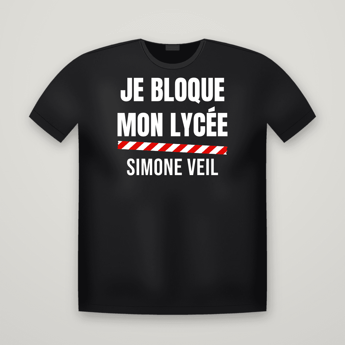 T-shirt noir JE BLOQUE MON LYCÉE avec le scotch rouge et blanc et le nom SIMONE VEIL imprimé dessous
