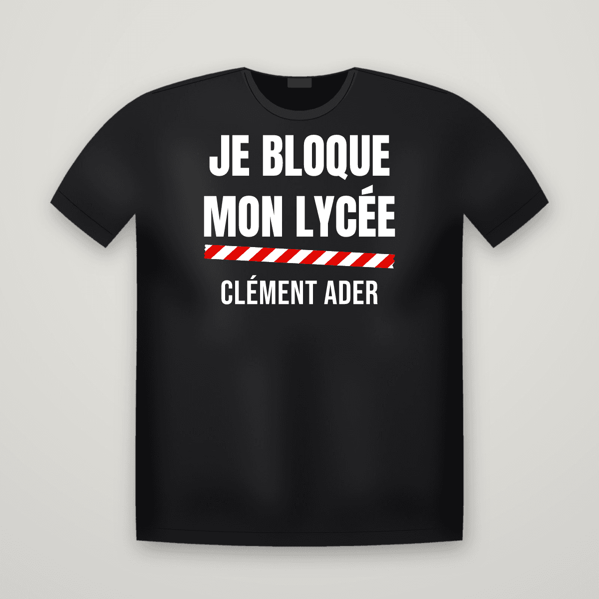 T-shirt noir JE BLOQUE MON LYCÉE avec le scotch rouge et blanc et le nom CLÉMENT ADER imprimé dessous