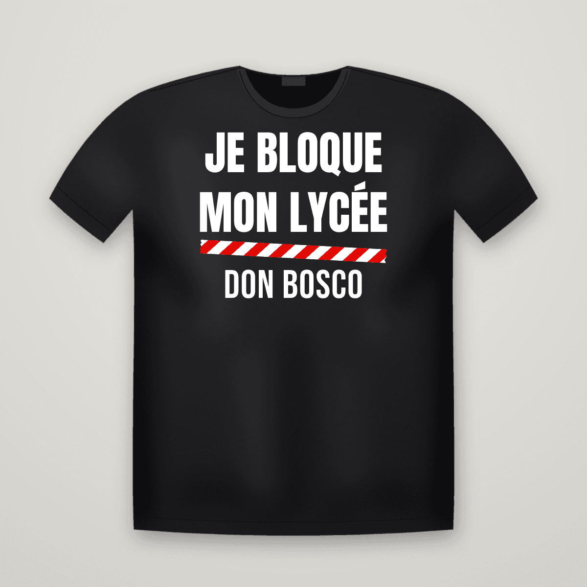 T-shirt noir JE BLOQUE MON LYCÉE avec le scotch rouge et blanc et le nom DON BOSCO imprimé dessous