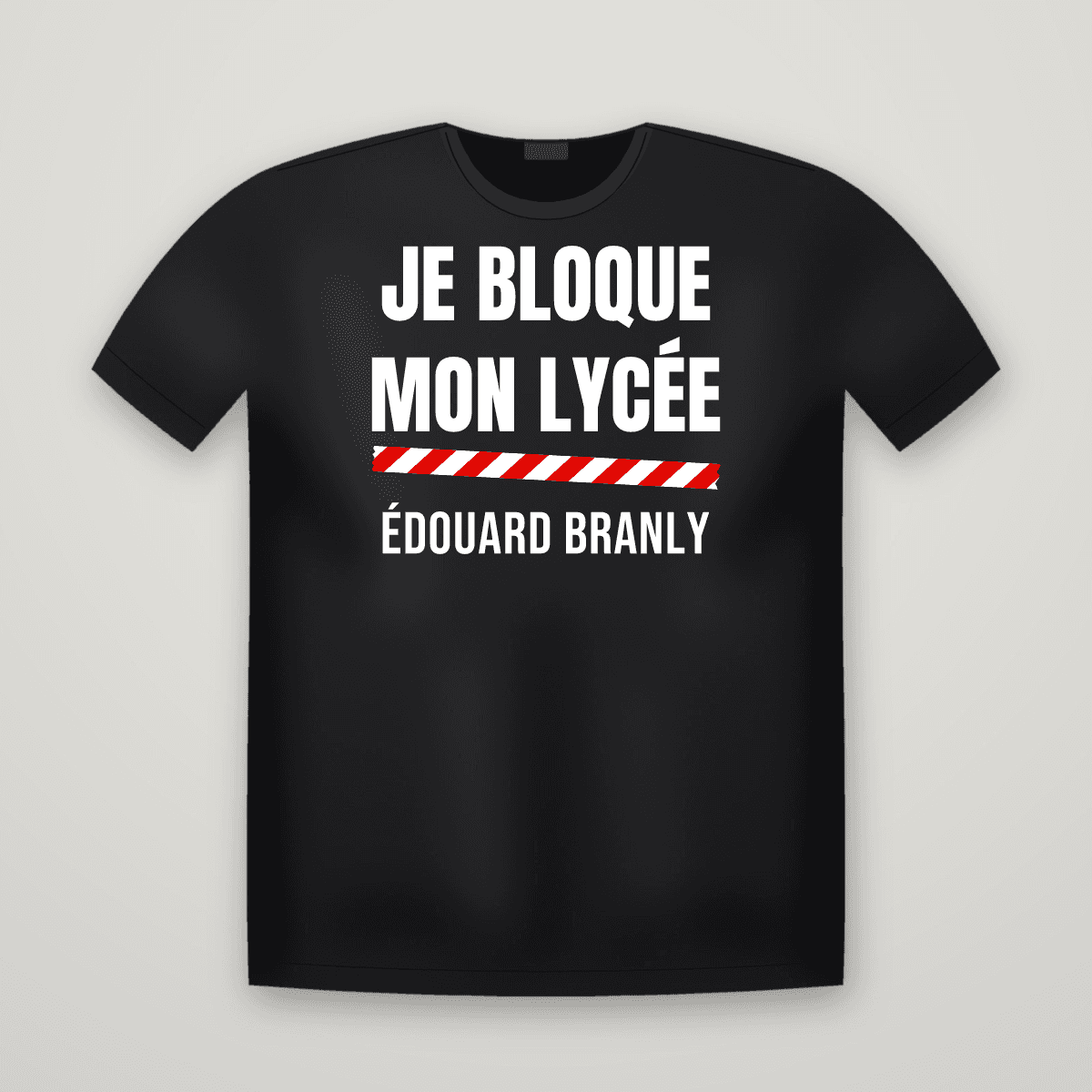T-shirt noir JE BLOQUE MON LYCÉE avec le scotch rouge et blanc et le nom ÉDOUARD BRANLY imprimé dessous