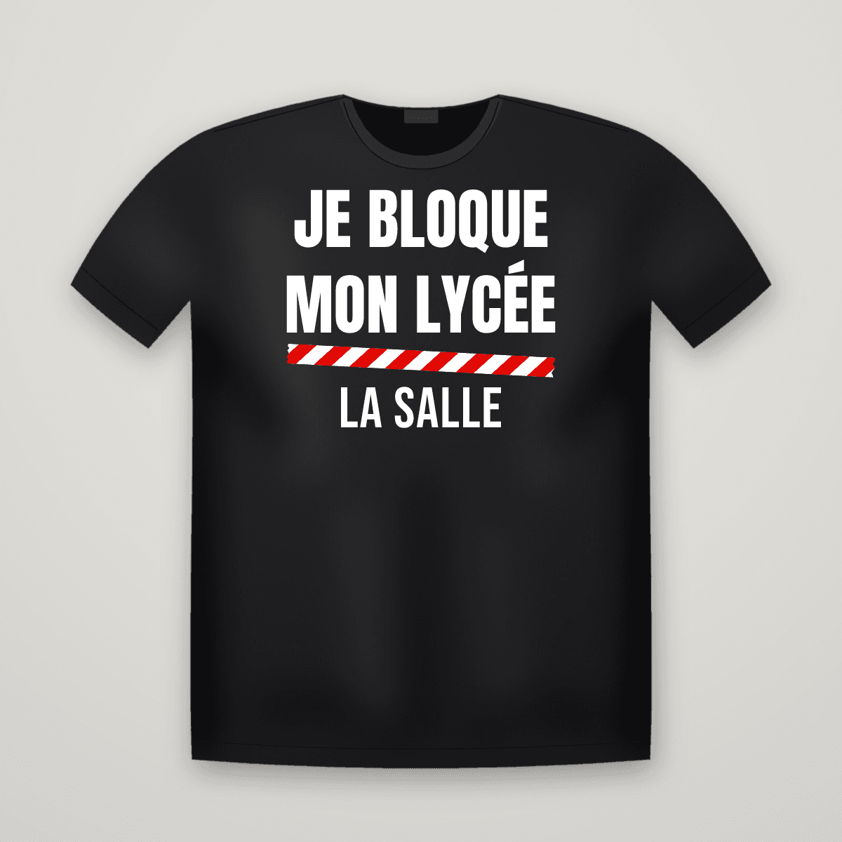 T-shirt noir JE BLOQUE MON LYCÉE avec le scotch rouge et blanc et le nom LA SALLE imprimé dessous