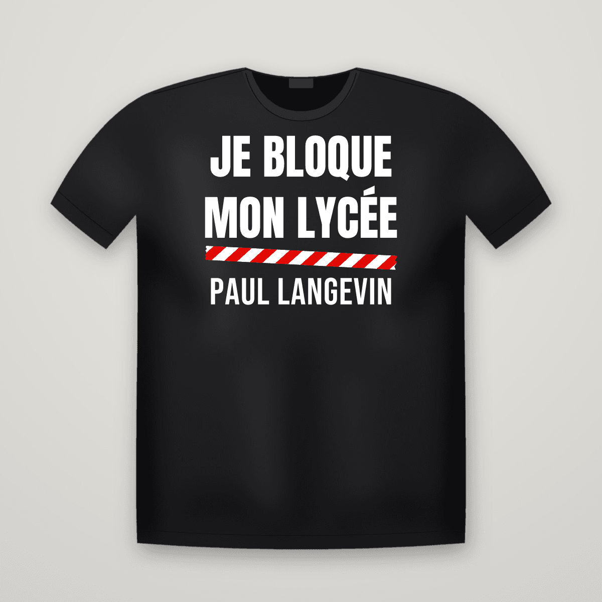 T-shirt noir JE BLOQUE MON LYCÉE avec le scotch rouge et blanc et le nom PAUL LANGEVIN imprimé dessous