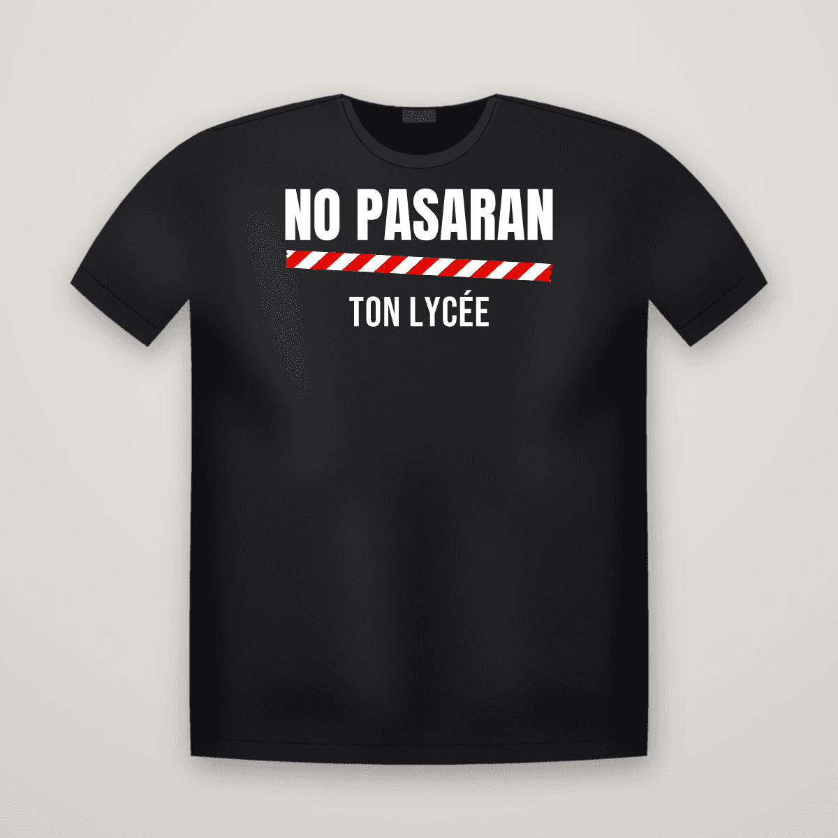 T-shirt noir NO PASARAN avec le scotch rouge et blanc et le nom TON LYCÉE dessous